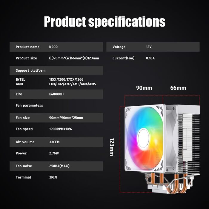 Кулер для процесора Jungle Leopard KF420E з дисплеєм температури, 4 теплові трубки, 155 мм висота, 120*120*25 мм вентилятор 1800RPM ARGB PWM, для LGA 115X/1200/1700/1366/2011/1851, AM4/AM5 (Чорний) (K200-WH)