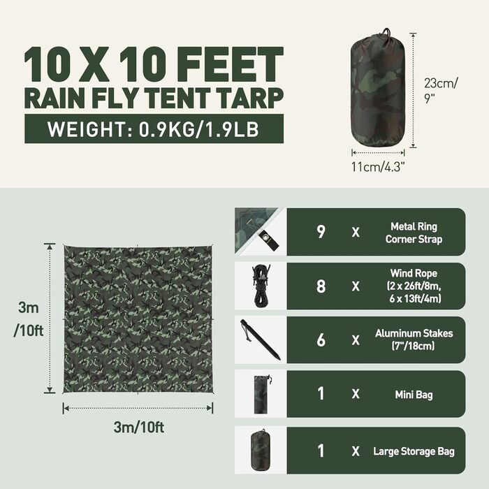 VOSOIR Camo Tarp - 3x3M/3x5M Waterproof Camping Tarp - UV Resistant, Lightweight, with Grommets, Stakes & Rope - for Camping, Hiking, Picnics, Hammocks