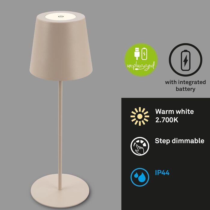 LED настільна лампа BRILONER: бездротова, сенсорна, димер, регулювання висоти, для дому та кемпінгу, 36x10,5 см, бежевий, тепле біле світло