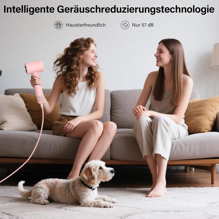 Фен з дифузором, 57dB, швидке сушіння, для подорожей та дому (рожевий)