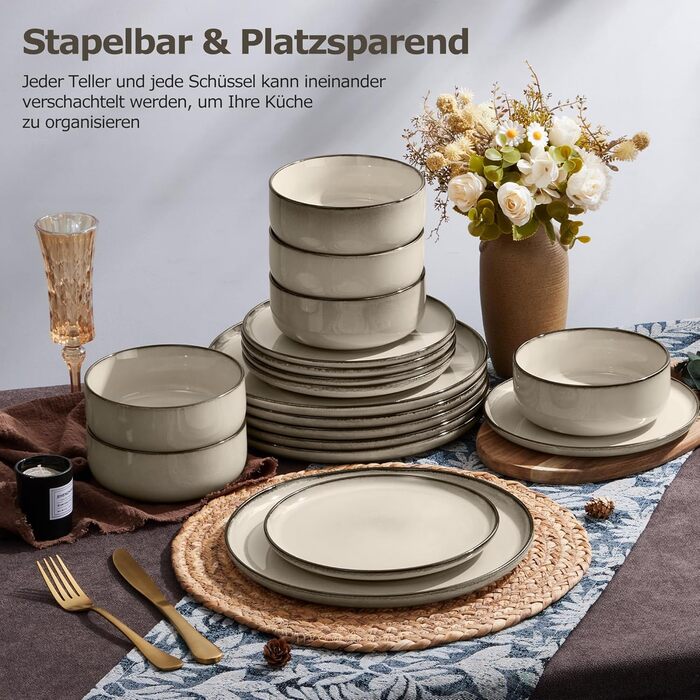 Набір посуду Onader для 6 осіб (18 предметів), керамічний сервіз, 6 тарілок для їжі, десертних тарілок, мисок для каші, стійкий до миття в посудомийній машині та подряпин (Karst Khaki)
