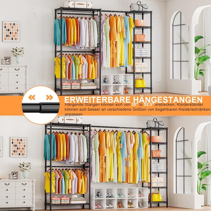 Розширюваний вішак для одягу, металевий гардеробний стійка з регульованими полицями, важкий, чорний