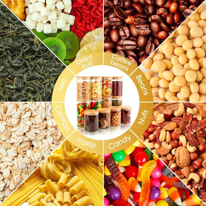 Набір скляних банок для зберігання з кришками (12 шт.) - 4x400мл, 7x500мл, 7x700мл. Скляні контейнери для кухні з дерев'яними кришками.