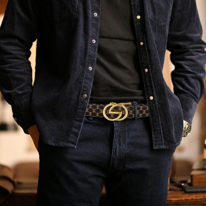 Чоловічий шкіряний ремінь ITIEZY з вінтажним принтом, автоматична застібка, 35 мм, регульований, для бізнесу та ділових костюмів, розмір 115/125 см