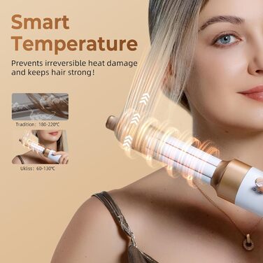 UKLISS Airstyler Pro 7-в-1: Фен-стайлер з авто-локоном, щіткою, випрямлячем, мультистайлером, зменшенням пуху, без екстремального нагріву, білий/золотий