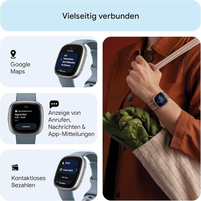 Фітнес-годинник Fitbit Versa 4 – розумний годинник для жінок та чоловіків з GPS, телефоном, 6 днів роботи батареї та 40+ тренуваннями. Сумісний з Android/iOS. Кольори: піскорожевий / алюміній в мідно-рожевому (блакитний водоспад / алюміній в платині)