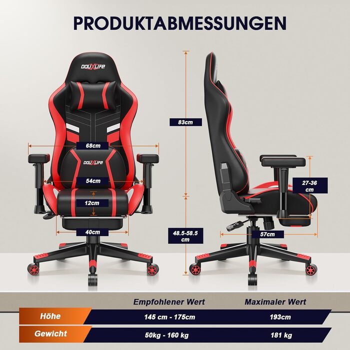 Ігровий крісло Douxlife з функцією масажу та підігрівом, ергономічний офісний крісло з підставкою для ніг, регулювання 90°-175°, м'які 2D підлокітники, геймерське крісло для ПК, 181 кг, (Червоний)