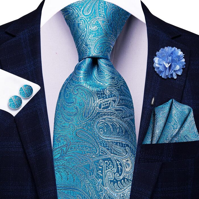 Набір краваток, нагрудних хустинок та запонок Hi-Tie: шовкова краватка для весілля та ділових зустрічей (Pfauenblau A)