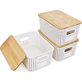 Storage Box with Bamboo Lid Small 3 Pieces 5L Storage Box Bathroom Box with Lid Bathroom Organizer 25x18x10cm Plastic Box Kitchen Storage Boxes Baskets Containers Stackable Boxes (White)