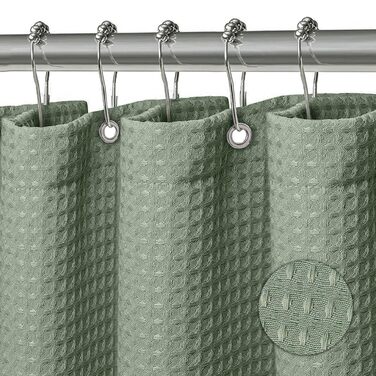 Штора для душу текстильна водонепроникна з поліестеру, 180x200 см, зелена, з кільцями (1 шт)