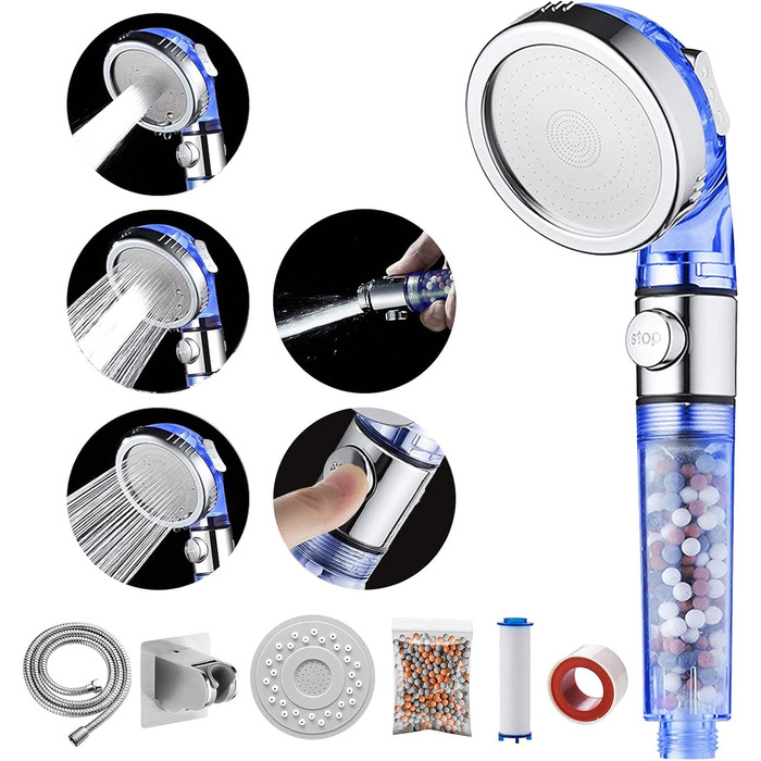 MIAOHUI Blue Eco Filter Showerhead with Ion Filter and Scale Filter, Pressure Boosting Hand Shower, Water-Saving with Filter Equipped, Hose, Holder, PP Cotton, Pack of Filter Balls, Panel
