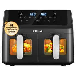 Аерофритюрниця LLIVEKIT 9L з двома камерами (2x4.5L), 8 програм, 4D конвекція, функція Sync-Finish, енергоощадна, чорна