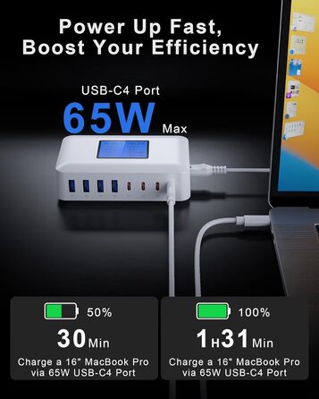 Зарядний пристрій RENGOGA 200W USB C GaN з 8 портами, LED дисплеєм, 65W USB-станція для iPad Pro/Air, MacBook, iPhone 16/15/14, Galaxy S24 - Білий
