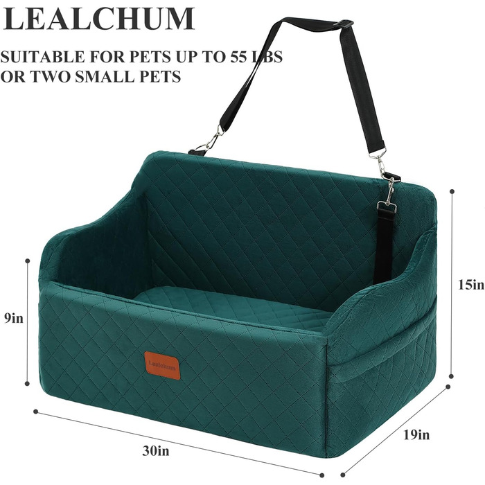 Автокрісло для собак до 25 кг, велике, з 2 стропами безпеки та 2 кишенями для зберігання (зелене)