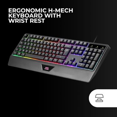 Ігровий комбо MARSGAMING MCP124: Клавіатура H-Mech LED RGB, Миша 3200DPI з HUANO Switches, Килимок Nanotextil 360x260mm, Підтримка Multiplatform, Іспанська розкладка, Чорний колір