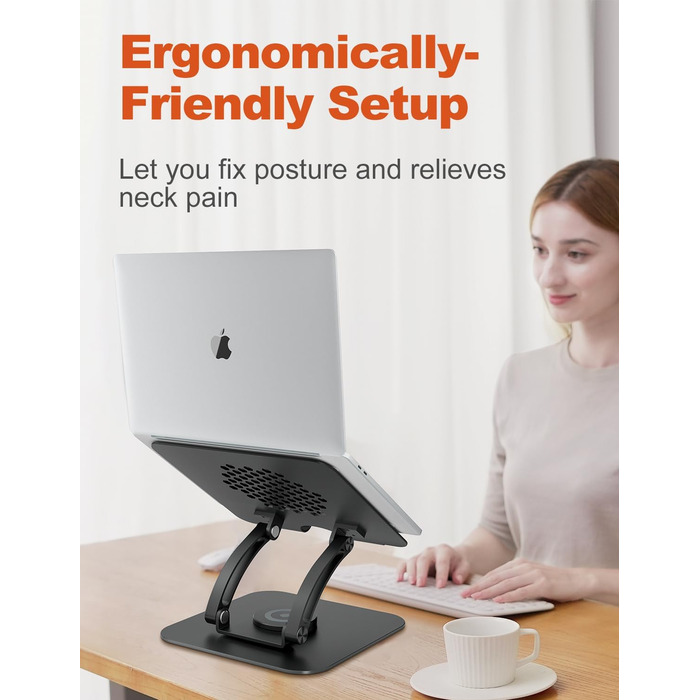 Adjustable Laptop Stand with 360° Swivel Base - Ergonomic Laptop Riser for Desk & Standing Use - Fits 10-17