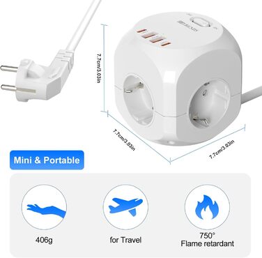 Блок розеток з USB-C, 4 розетки, плоский штекер, індивідуальне вмикання, багаторозетка-куб з 2м плетеним кабелем для офісу, дому, подорожей - білий 002-MF (4 розетки 2м)