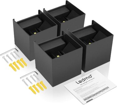 LED-стінні світильники 4 шт. для внутрішнього та зовнішнього використання, регульований світловий промінь, IP65, тепле біле світло, 12W, чорний колір