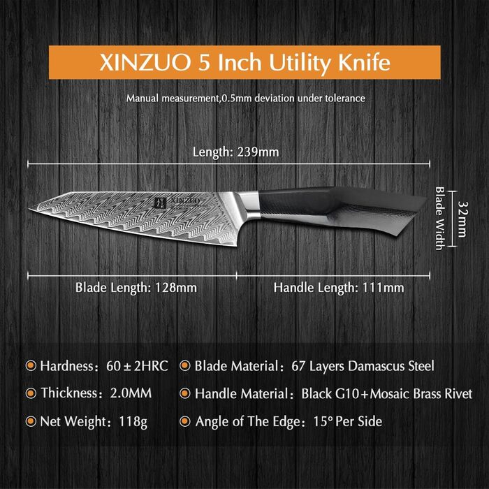 Ніж кухарський XINZUO Damaststahl Kiritsuke 21.5 см, професійний, з ручкою G10 та магнітною піхвою, серія Feng
