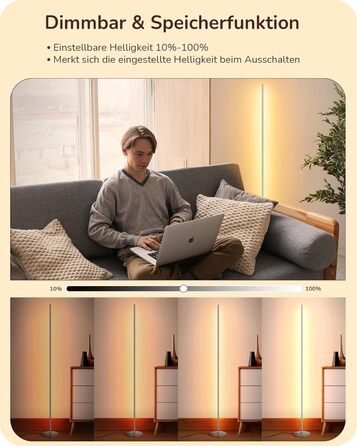 LED торшер Edishine 2 шт. з диммуванням, тепле світло 3000K, регулювання висоти 146 см, з функцією пам'яті, для вітальні, спальні, офісу (срібний)