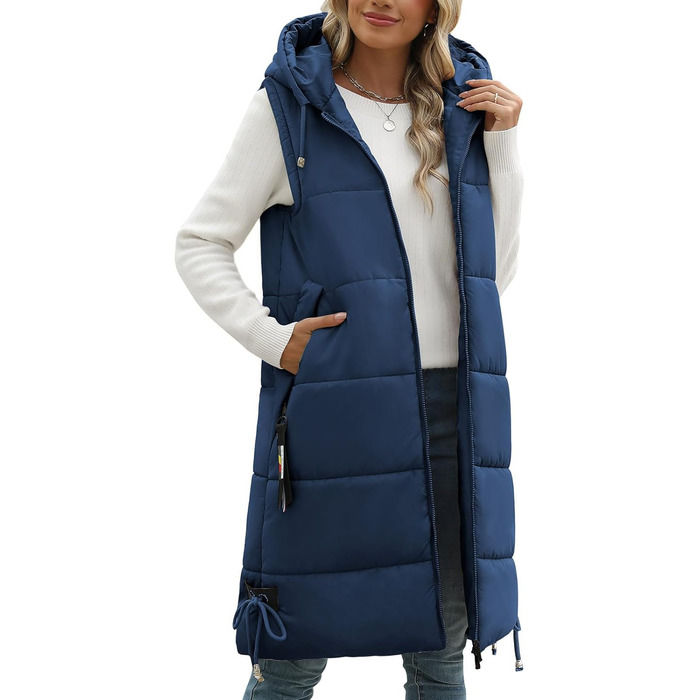 Жіноча довга стьобана жилетка Vancavoo з капюшоном, тепла зимова жилетка, довга жилетка (Морська синя, S)