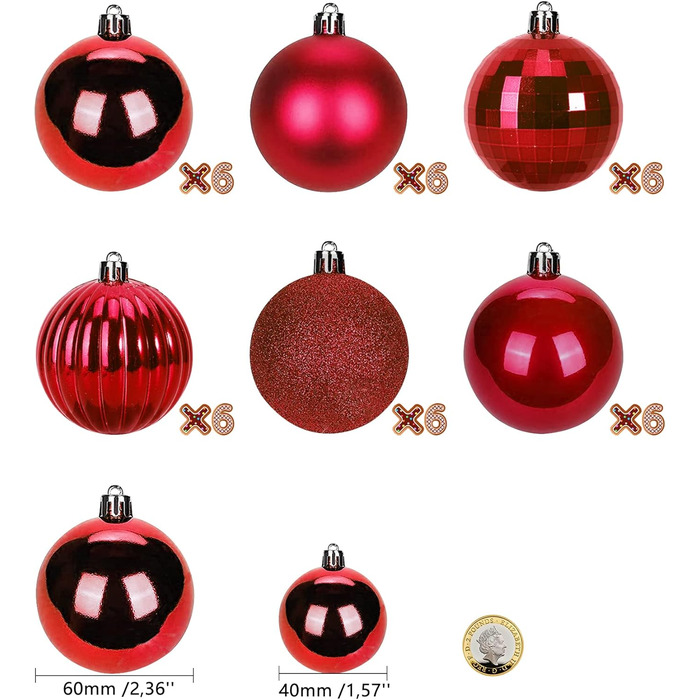 Набір ялинкових прикрас BLAZOR, 36 шт., 4 см, пластикові кульки, червоний, золотий, срібний