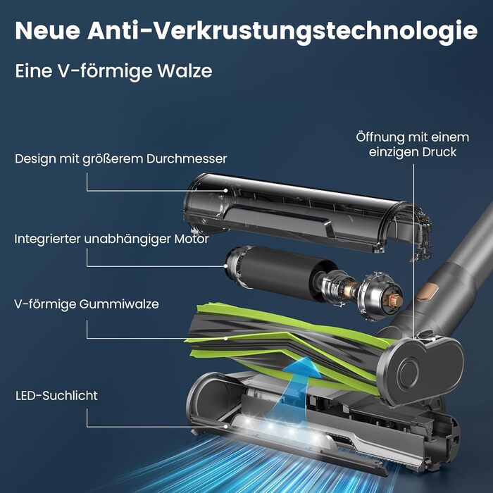 Бездротовий пилосос Dzaki Akku з потужністю 45KPa, без мішка, з дисплеєм, антизаплутана щітка, час роботи 55 хв, знімний акумулятор