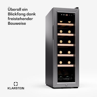 Klarstein Wine Fridge - 16 Bottle Compact Wine Cooler with Glass Door - Stainless Steel - 5-18°C Temperature Control