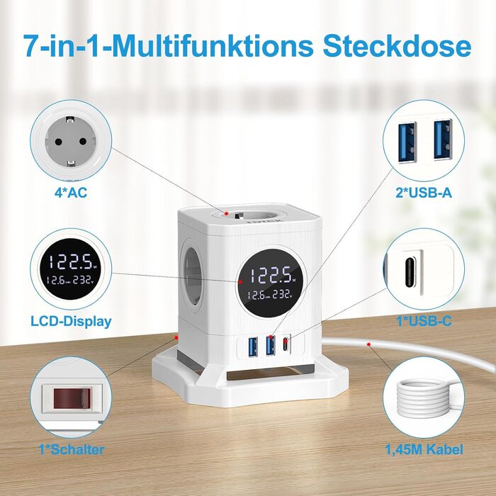 Багатофункціональний USB-хаб FDTEK з 1 USB-C та 2 USB-A, 7 розеток, LCD-дисплей, 1.8м кабель, 2500W/10A, білий