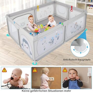COSTWAY 205 x 147cm Playpen Baby foldable, Playard with 50 balls, 2 doors, side pocket, breathable mesh & zipper, playpen tent for infants & toddlers (Gray-Penguins) Gray-Penguins Without mattress