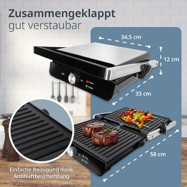 ADE Contact Grill 2.000 Watt | Non-stick coated sandwich maker 3 in 1 | Panini toaster & table grill electric 180° foldable | for sandwiches, toast, steaks, vegetables, panini | Stainless steel silver