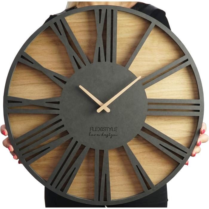 FLEXISTYLE Large Wall Clock Without Ticking Sounds, Wood Art Black, Living Room, Bedroom, Made in EU, z216-2 (50cm)