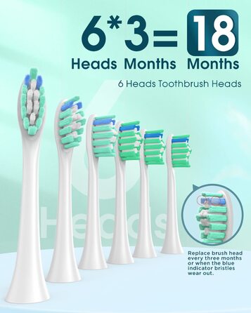 Електрична зубна щітка для дорослих з 6 насадками, акумуляторна звукова, 180 днів роботи, світло-зелена
