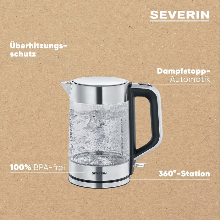 Електрочайник SEVERIN скляний з нержавіючої сталі, 1,7 л, BPA-free, 2200 Вт, WK 3420 – компактний і потужний