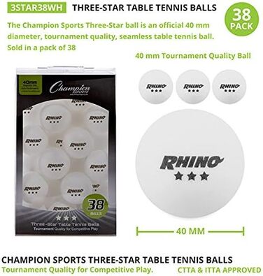 Champion Sports Тенісні м'ячі для настільного тенісу, 3 зірки (білі, 38 шт)