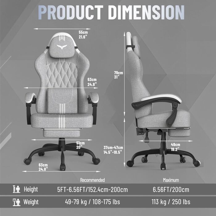 Геймерське крісло Ferghana Ergonomic - з підтримкою спини, голови, підставкою для ніг, регулюванням висоти, обертанням. Сірий+білий, для дому та офісу