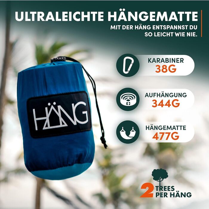 Гамак HÄNG XXL 300x170 см для 2 осіб - вуличний, водостійкий, ультралегкий (850г), навантаження 200 кг. З парашутної тканини для кемпінгу, подорожей та саду + комплект кріплень (Navy & Blue)