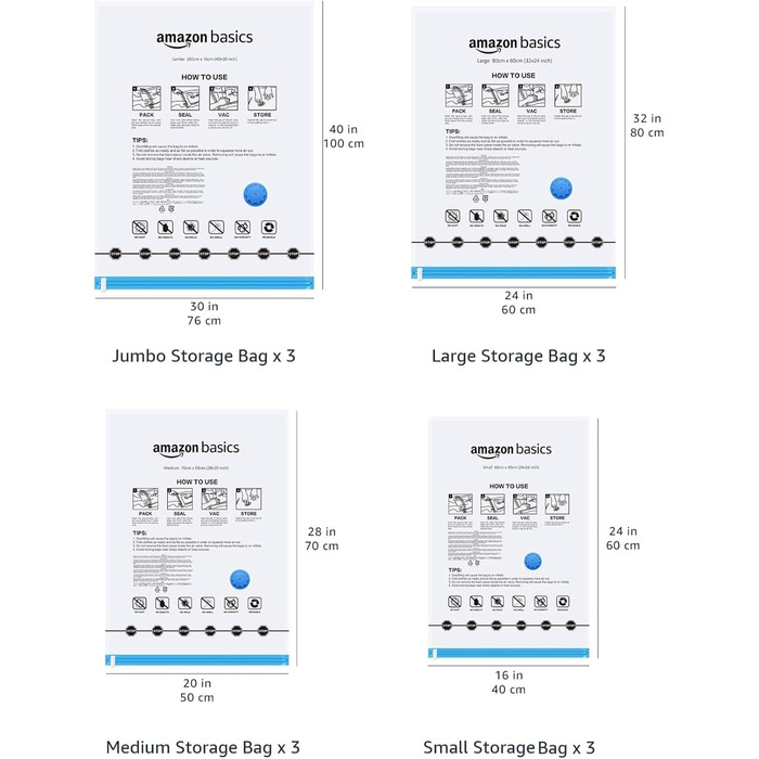 Amazon Basics Garment Bags with Airtight Valve and Hand Pump - Multiple, 3 x Jumbo, 3 x Large, 3 x Medium, 3 x Small, 12-Pack, Zipper, Transparent
