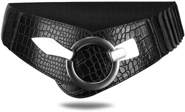 Жіночий еластичний пояс-гуртка Vanessa & Melissa, 6 см, срібна пряжка, кроко-чорний, 80 см (на талію 85-105 см)
