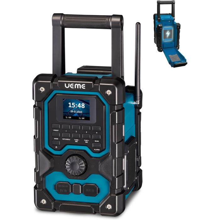 Радіо для будівельного майданчика з DAB+, FM, Bluetooth 5.0, 16W, акумулятор 8000mAh, USB-зарядка, Aux, захист від пилу та вологи (блакитне)