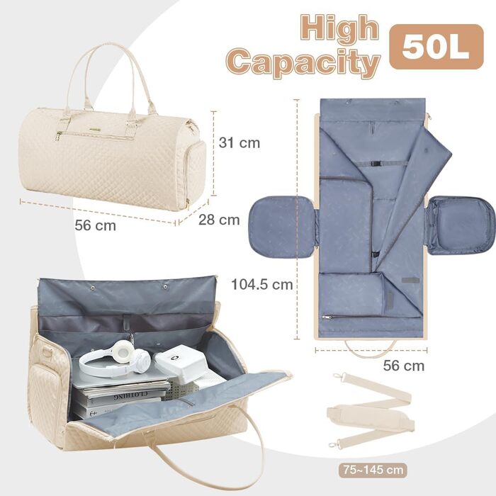Сумка-органайзер для подорожей 2в1 для жінок, велика складана дорожня сумка Weekender з 6 органайзерами для одягу та відділенням для взуття, спортивна сумка для авіаперельотів, ручна поклажа, чорна (4.beige, 50L)