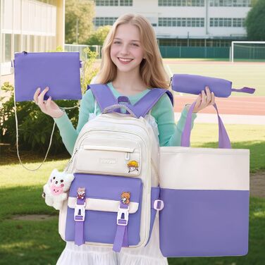 Шкільний рюкзак Tanou для дівчаток 4-в-1 (рюкзак, пенал, сумка для плеча, сумка для підручників), 3-7 клас, стильний дизайн, фіолетовий