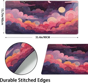 Килимок для миші Japanisches Mauspad, 90 x 40 см, у стилі аніме, дизайн мистецтва, великий ігровий килимок, клавіатура, підкладка під стіл, нековзна гумова основа, прошиті краї, для дому та офісу (XX-Large, Рожевий, Фіолетовий, Хмара)