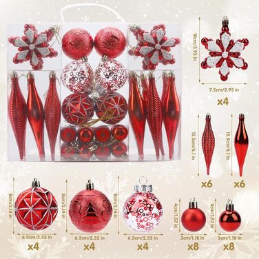 40 шт. прикрас на ялинку, міцні кулі, декор для ялинки, орнаменти (червоні)