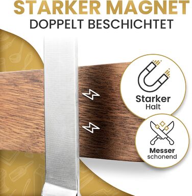 Magnetic Knife Strip, Wood, Self-Adhesive, No Drilling Required - XL Knife Strip for up to 10 Knives - 43x6.2cm - [ROCK SOLID] - Magnetic Knife Block made of Walnut Wood for the Kitchen - Magnetic Knife Holder