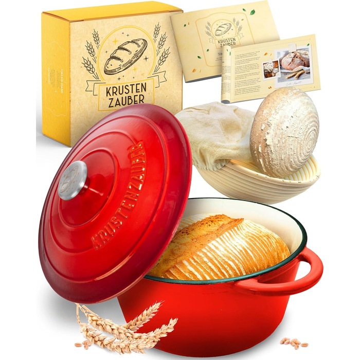 KRUSTENZAUBER Cast Iron Pot [incl. Proofing Basket] - High-Quality Enamel Pot 26cm - Ideal Cast Iron Bread Pot for Baking, Cast Iron Pot for Baking Bread, Bread Baking Accessories Enamel Red