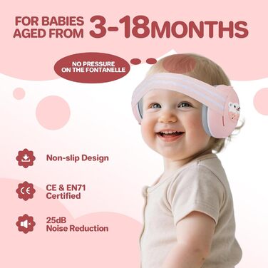 Навушники-захист вух для малюків 2-в-1 - рожеві, захист від шуму до 25 dB, регульоване антиковзне обруч до 48 місяців, м'які та легкі
