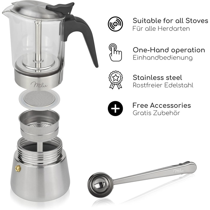Milu Espresso Maker Induction Compatible | 4, 6 Cups | Stainless Steel Glass Moka Pot, Espresso Pot, Espresso Maker Set including coaster, spoon, brush (4 cups 200ml) Glass 4 cups (200ml)