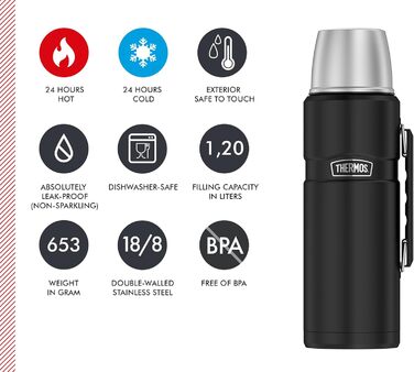 THERMOS STAINLESS KING Thermos flask black matte 1.20L - Stainless steel, absolutely leak-proof, with drinking cup and handle, 12h hot & 24h cold, dishwasher safe, BPA-free