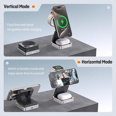 Зарядний пристрій 3-в-1 для Apple Watch та iPhone MagSafe, складна бездротова зарядка для AirPods Pro/3/2. Підходить для Apple Watch, iPhone 17/16/15/14/13. Білий (Чорний)